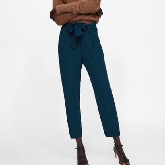 NWT Zara Emerald Aqua Paperbag Waist Skinny Pants - Picture 2 of 8